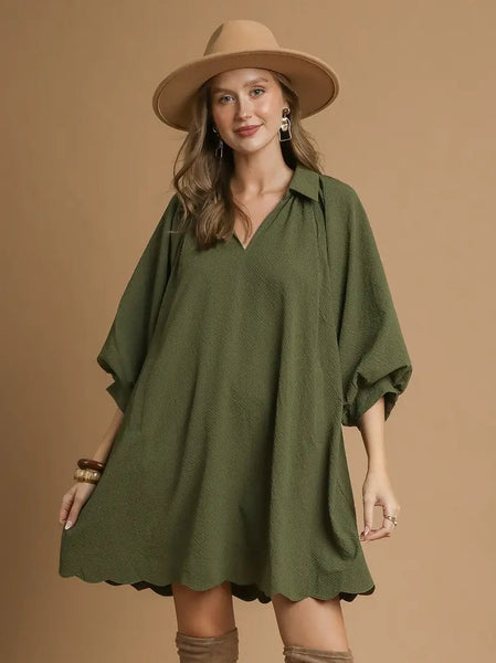 Scalloped Hem Dress Olive by Umgee