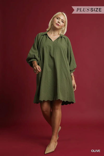 Scalloped Hem Dress Olive by Umgee
