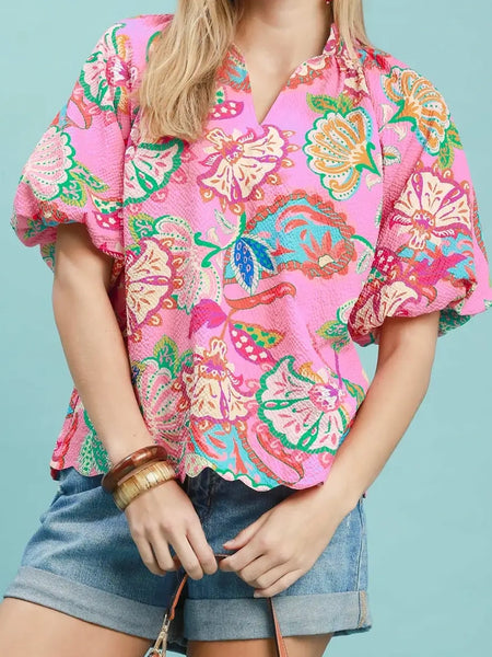 Pink Mix Floral Scallop Hem Top by Umgee