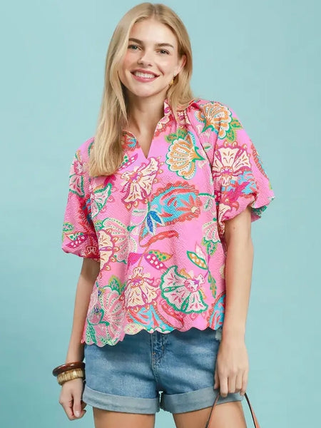 Pink Mix Floral Scallop Hem Top by Umgee