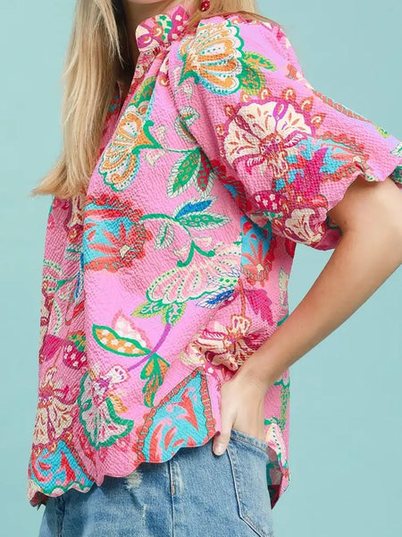 Pink Mix Floral Scallop Hem Top by Umgee