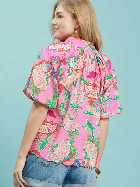 Pink Mix Floral Scallop Hem Top by Umgee