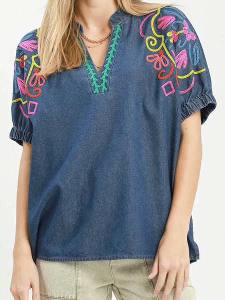 S/S Denim Top w/ Embroidered Shoulders by Umgee