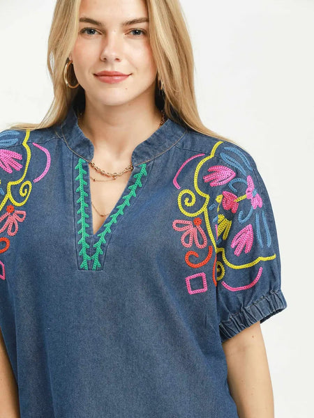 S/S Denim Top w/ Embroidered Shoulders by Umgee