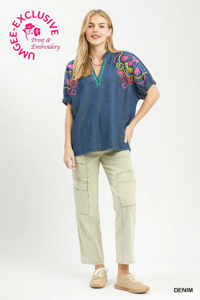 S/S Denim Top w/ Embroidered Shoulders by Umgee