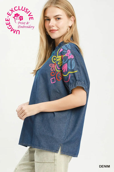 S/S Denim Top w/ Embroidered Shoulders by Umgee