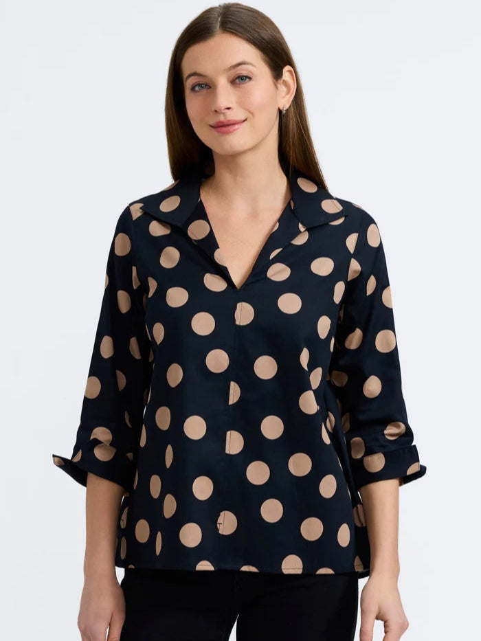 Agnes Polka Dot 3/4 Sleeve Shirt Black/Almond by Foxcroft