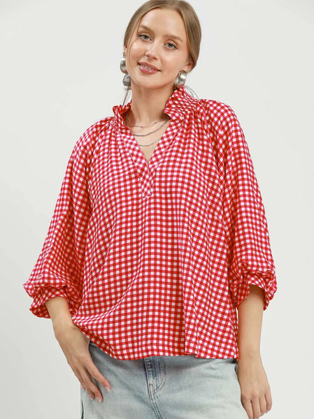 3/4 Sleeve Gingham Top Red by Umgee