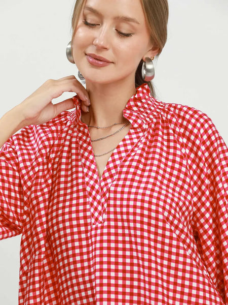 3/4 Sleeve Gingham Top Red by Umgee