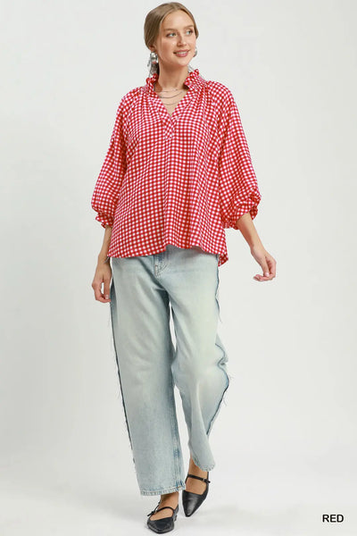 3/4 Sleeve Gingham Top Red by Umgee