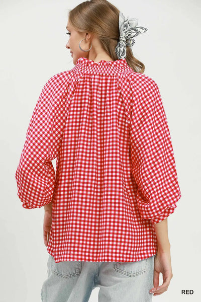 3/4 Sleeve Gingham Top Red by Umgee