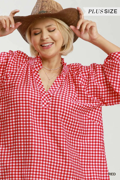 3/4 Sleeve Gingham Top Red by Umgee