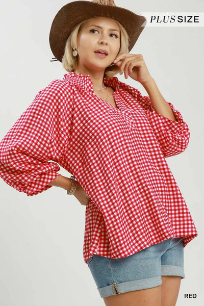3/4 Sleeve Gingham Top Red by Umgee
