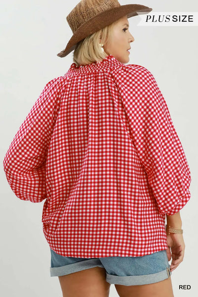 3/4 Sleeve Gingham Top Red by Umgee