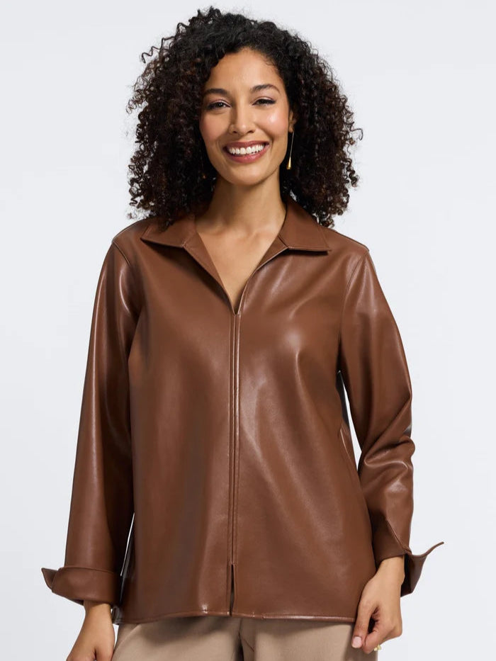 Agnes Vegan Leather L/S Popover Shirt Macciato by Foxcroft