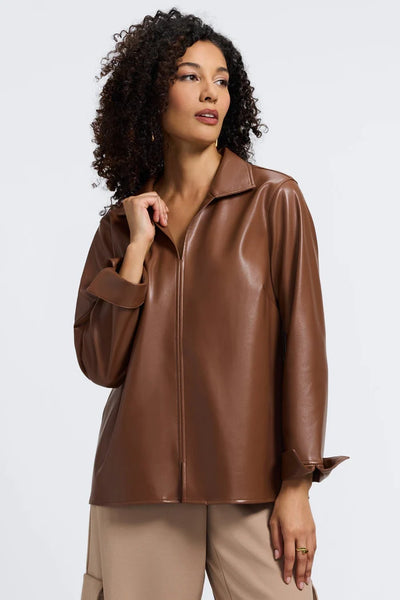 Agnes Vegan Leather L/S Popover Shirt Macciato by Foxcroft
