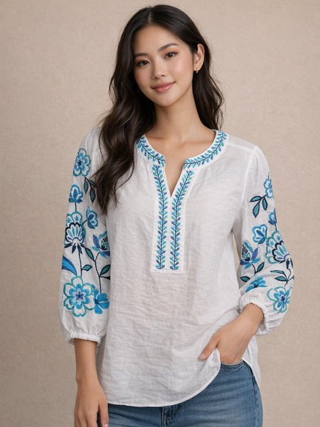 Puff Sleeve Embroidered Top by Multiples