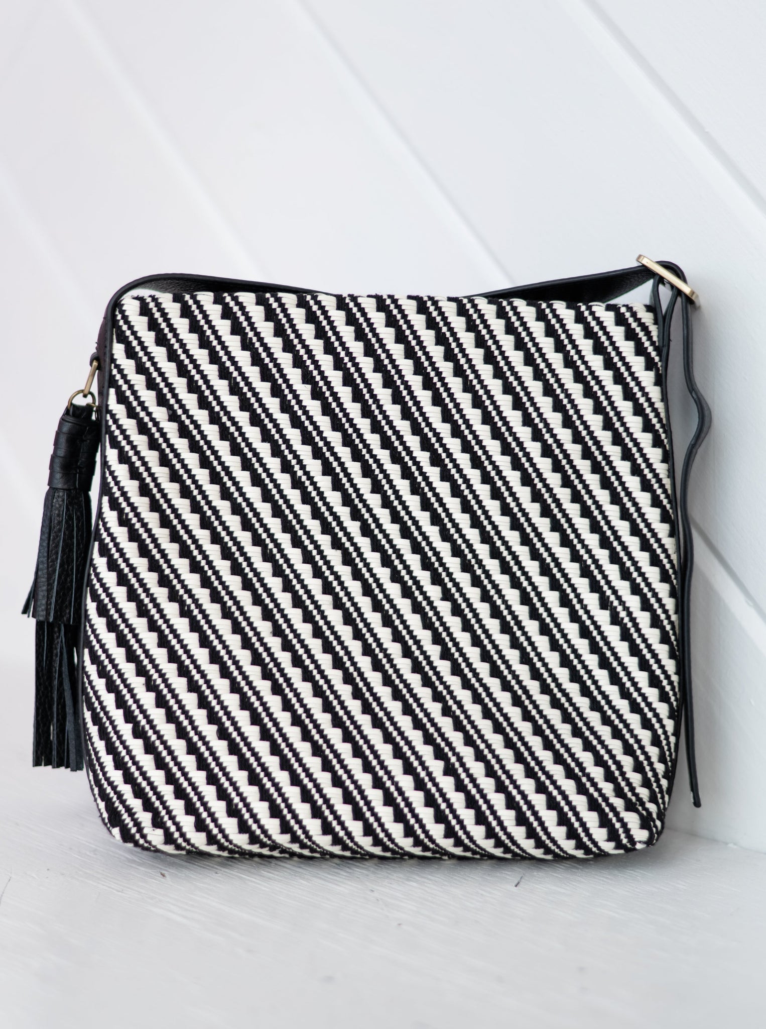 Blaze Bucket Crossbody Black & White Weave by Hobo