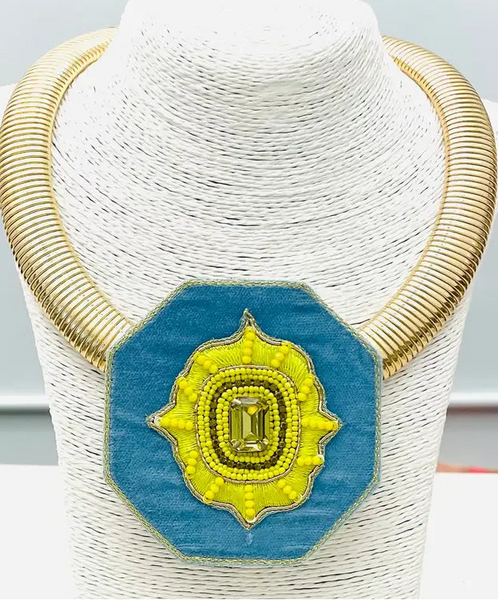 Hand-Bead Pendant Collar Blue & Chartreuse by Two Forty Two