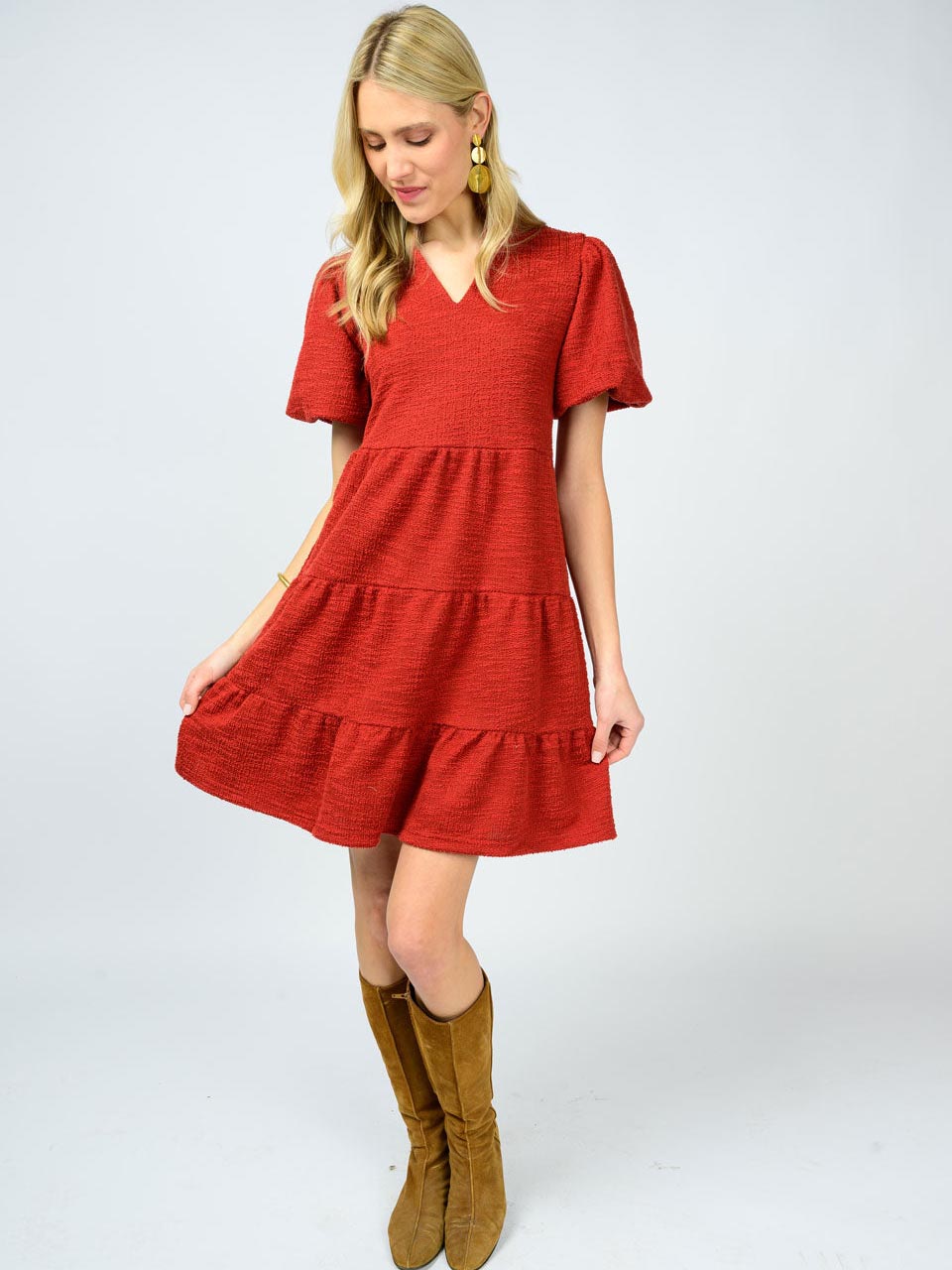 Tiered Knit Dress Brick by Ivy Jane
