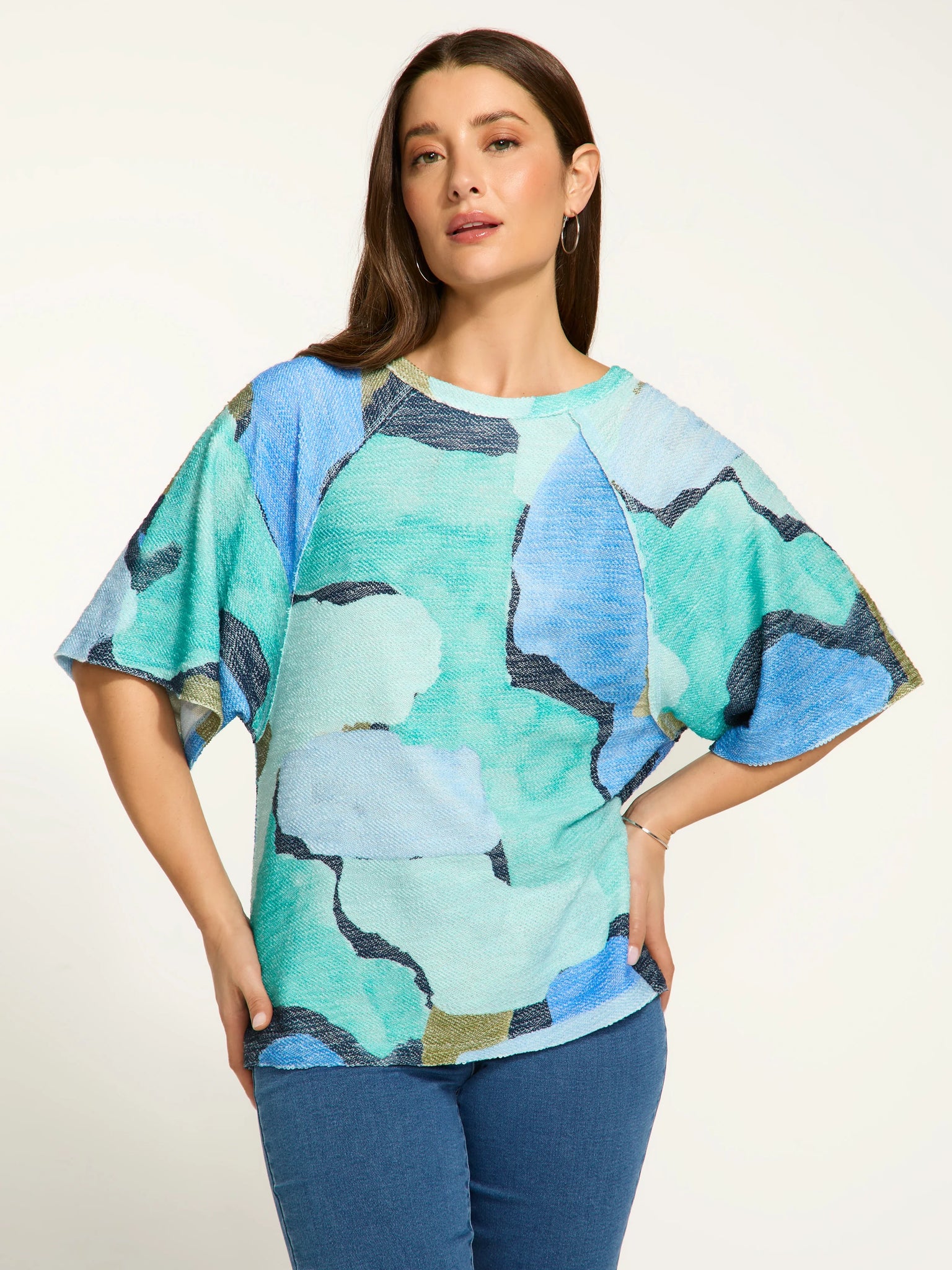 3/4 Sleeve Printed Top Tidal Pool by FDJ