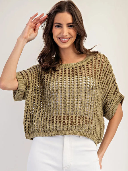 Open Knit Short Sleeve Sweater Dry Herb by EESome