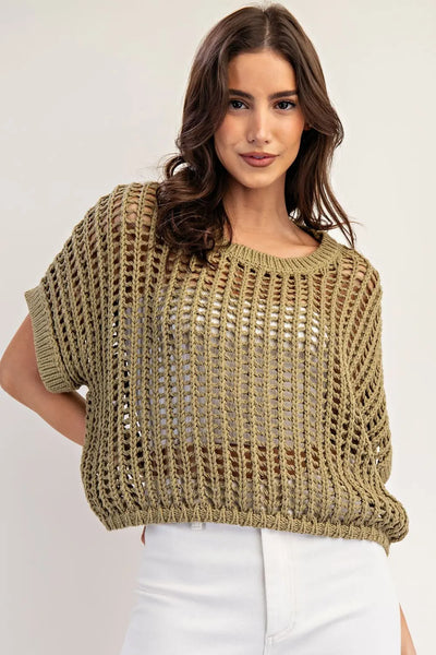 Open Knit Short Sleeve Sweater Dry Herb by EESome