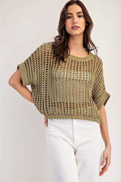 Open Knit Short Sleeve Sweater Dry Herb by EESome