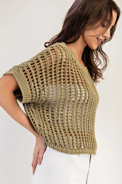 Open Knit Short Sleeve Sweater Dry Herb by EESome