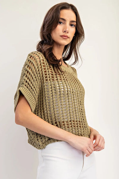 Open Knit Short Sleeve Sweater Dry Herb by EESome