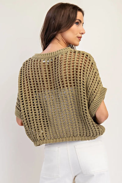 Open Knit Short Sleeve Sweater Dry Herb by EESome