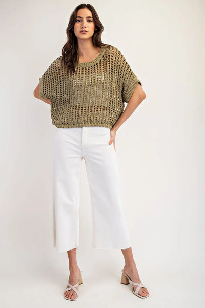 Open Knit Short Sleeve Sweater Dry Herb by EESome