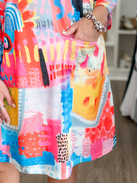 Long Sleeve Pink Abstract Print Dress by Shana