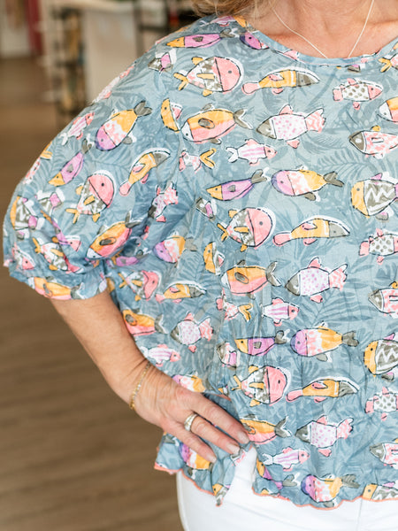 Dolman Sleeve Fish Print Top by Shana