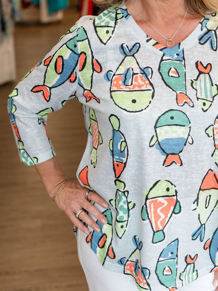 3/4 Sleeve Fish Print Top by Shana