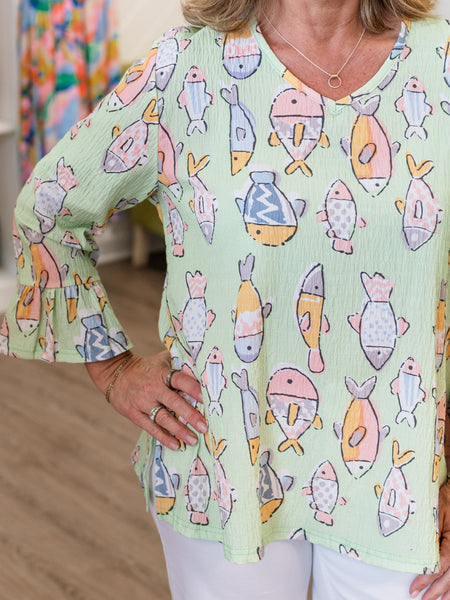 Flounce Sleeve Fish Print Top by Shana