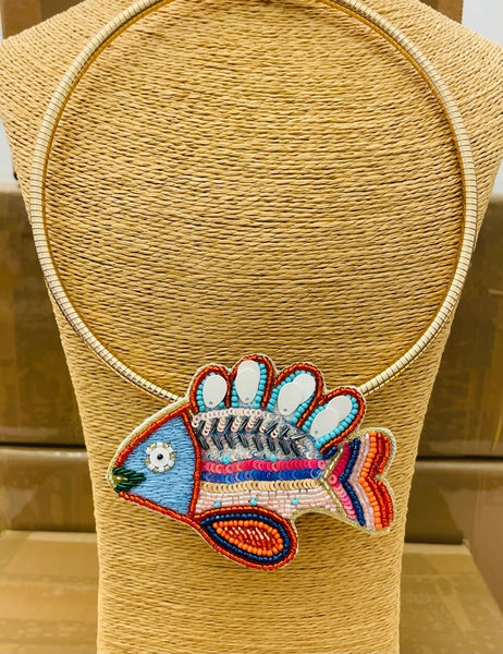 Hand-Beaded Fish Pendant Collar Necklace by Two Forty Two