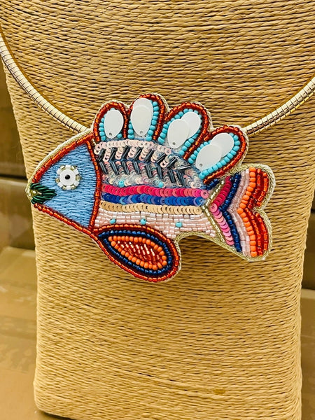 Hand-Beaded Fish Pendant Collar Necklace by Two Forty Two