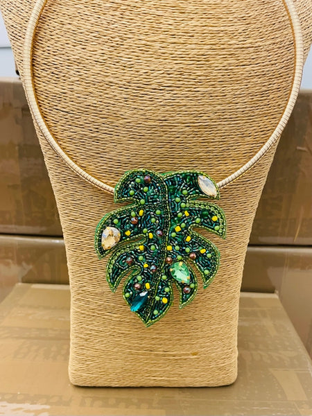 Hand-Beaded Tropical Leaf Pendant Collar Necklace by Two Forty Two