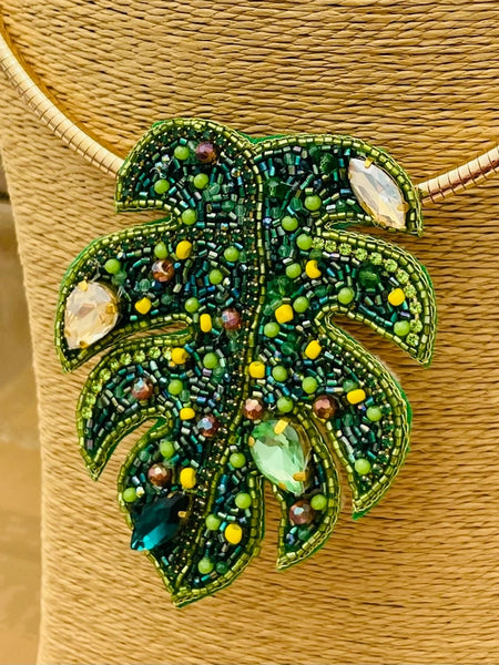 Hand-Beaded Tropical Leaf Pendant Collar Necklace by Two Forty Two