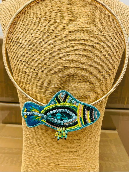 Hand-Beaded Fish Pendant Collar Necklace by Two Forty Two