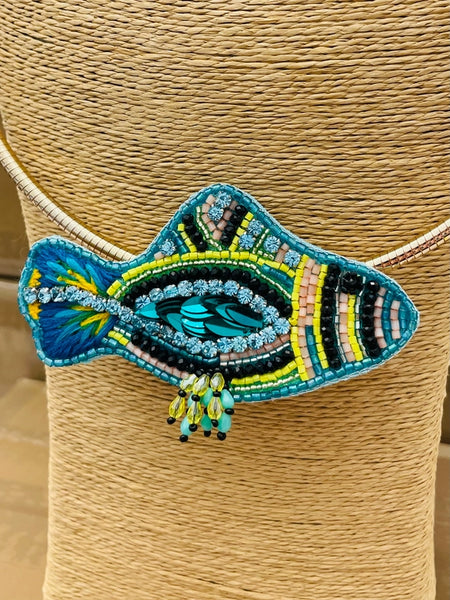 Hand-Beaded Fish Pendant Collar Necklace by Two Forty Two