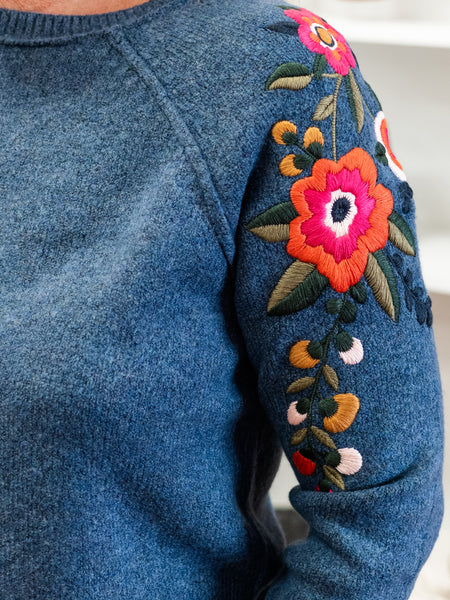 Embroidered Raglan Sleeves Sweater HDenim by Charlie B