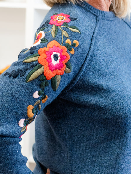 Embroidered Raglan Sleeves Sweater HDenim by Charlie B