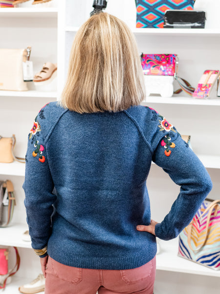 Embroidered Raglan Sleeves Sweater HDenim by Charlie B