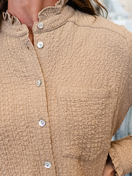 Ruffle Long Sleeve Crop Button-Up Shirt Latte by APNY