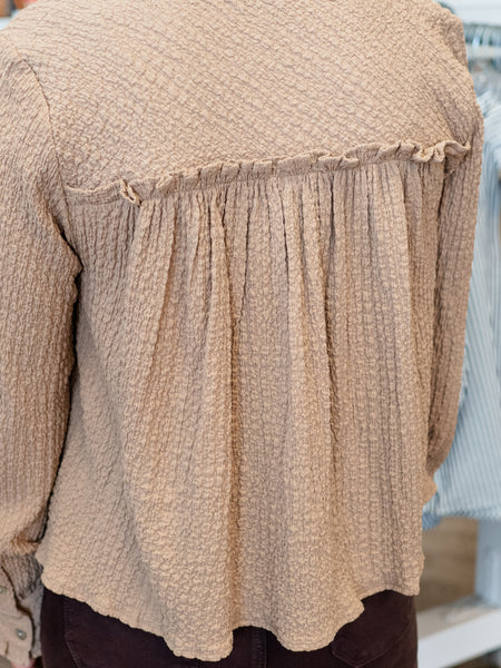 Ruffle Long Sleeve Crop Button-Up Shirt Latte by APNY