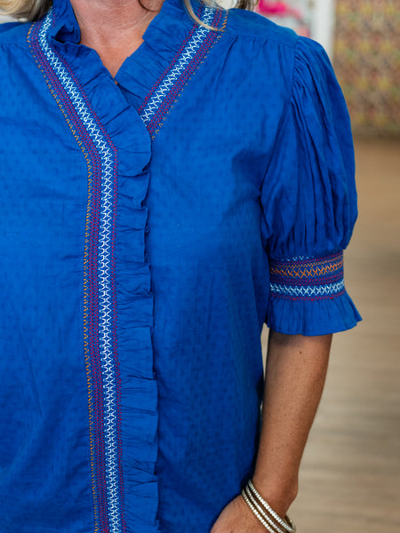 Cobalt Embroidery Blouse by Tru Luxe