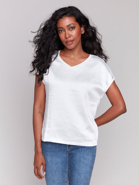 Satin VNeck Knit Top Natural by Charlie B