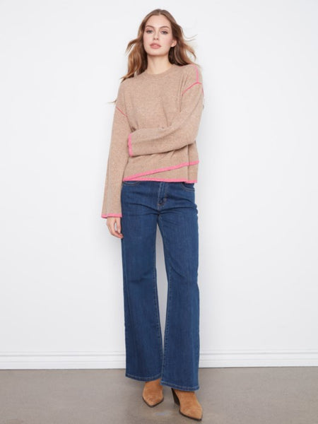 Wide L/S Drop Shoulder Crew Neck Sweater by Charlie B